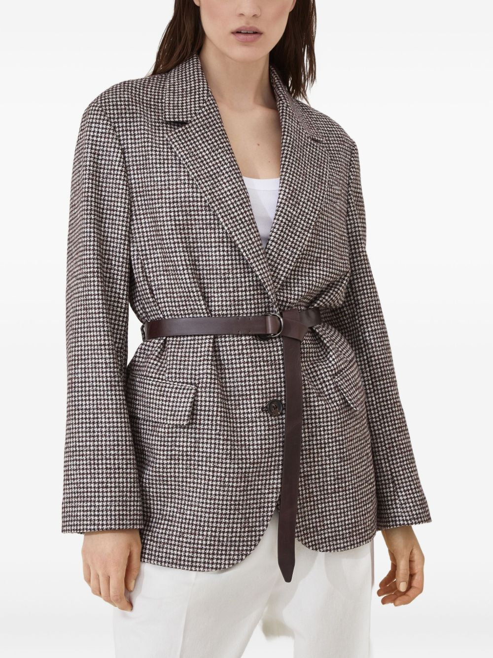 Brunello Cucinelli Brunello Cucinelli Wool and alpaca houndstooth jacket with leather and monili belt