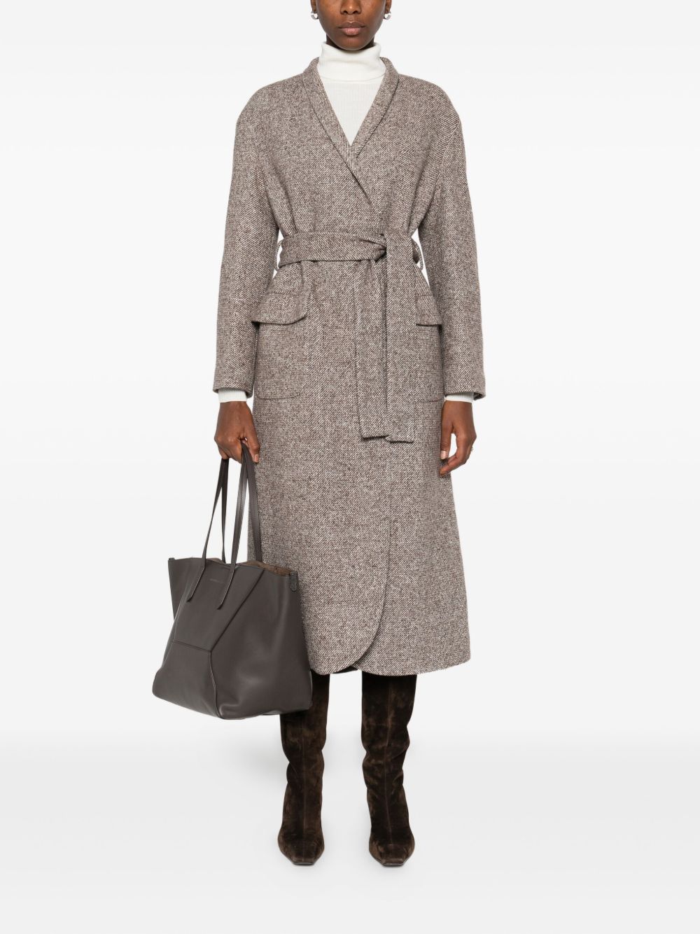 Brunello Cucinelli Brunello Cucinelli Coat in diagonal melange virgin wool and silk with belt and monili