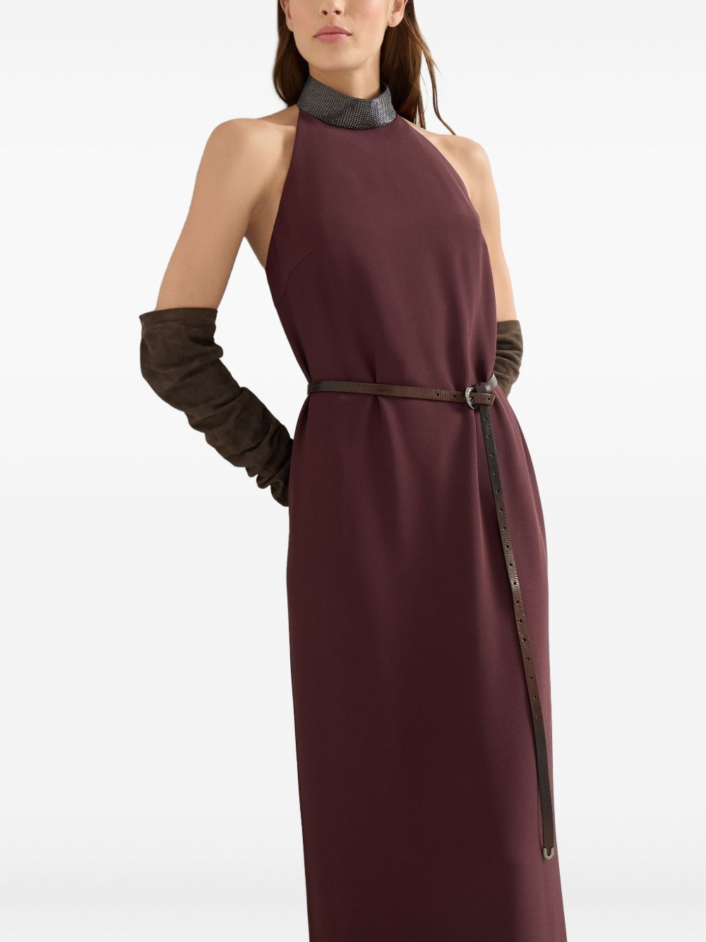 Brunello Cucinelli Brunello Cucinelli Halterneck dress in silk crêpe cady and acetate with Precious Beaded Collar