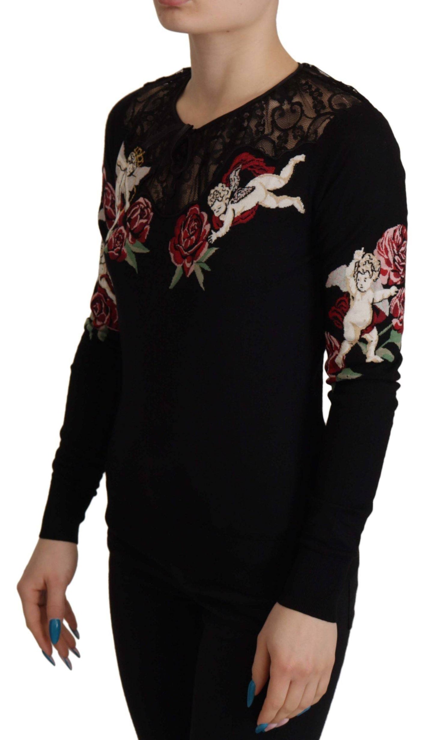 Dolce & Gabbana Black Lace Angel Roses Cardigan Sweater