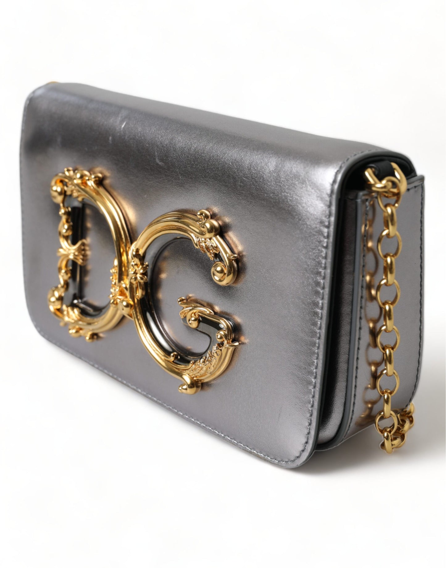 Dolce & Gabbana Metallic Silver Nappa Mini DG Girls Shoulder Borse Bag