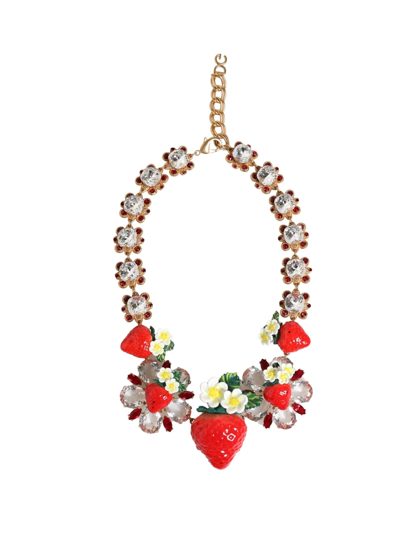 Dolce & Gabbana Gold Brass FRUIT Pendants Flowers Crystal Logo Necklace