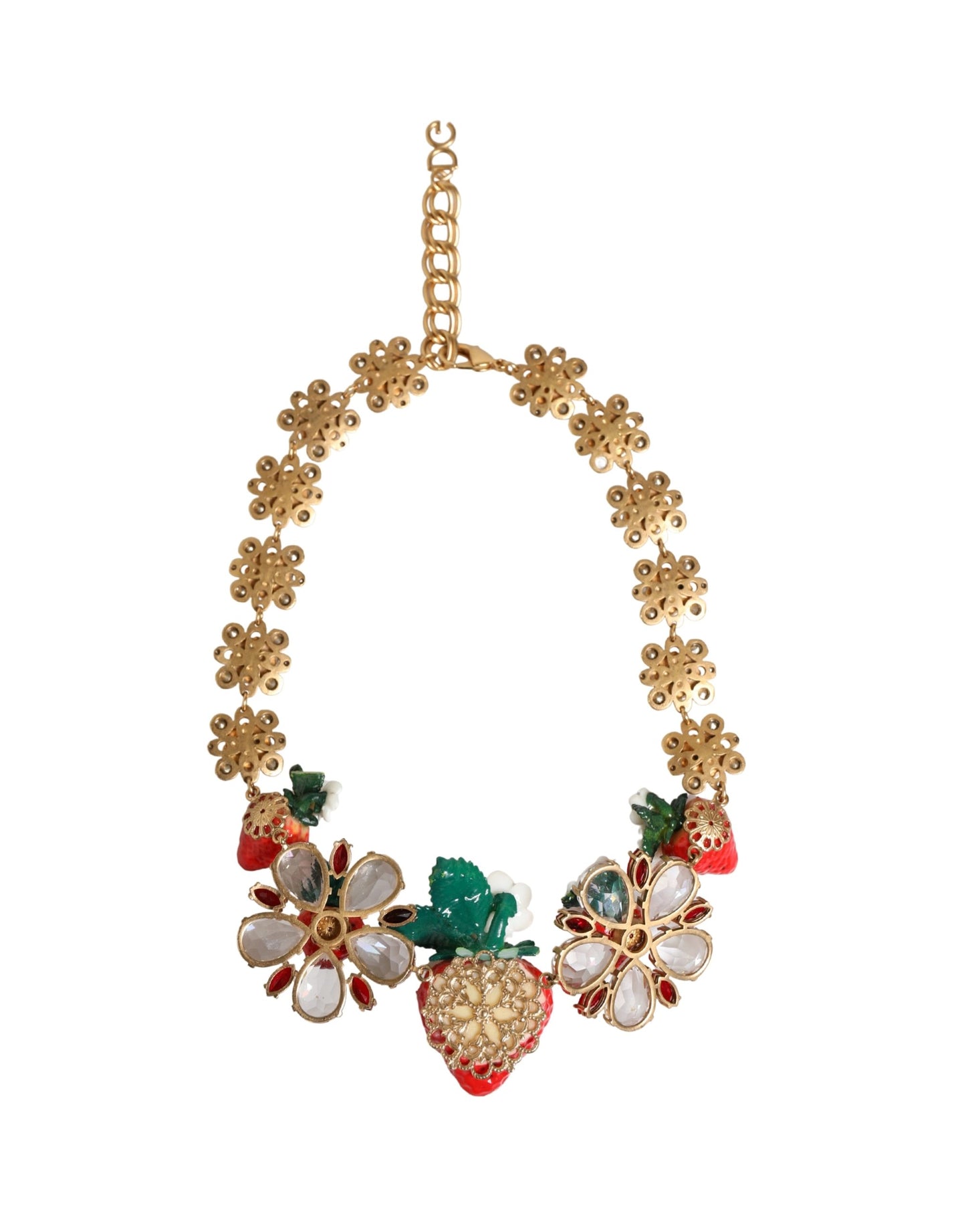 Dolce & Gabbana Gold Brass FRUIT Pendants Flowers Crystal Logo Necklace