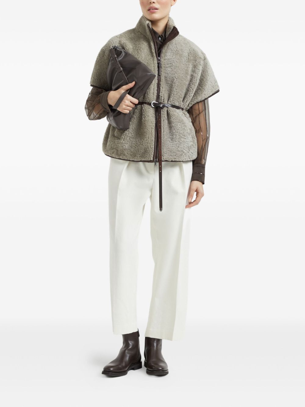 Brunello Cucinelli Brunello Cucinelli Curly Shearling Short Sleeve Outerwear with Shiny Zipper Pull