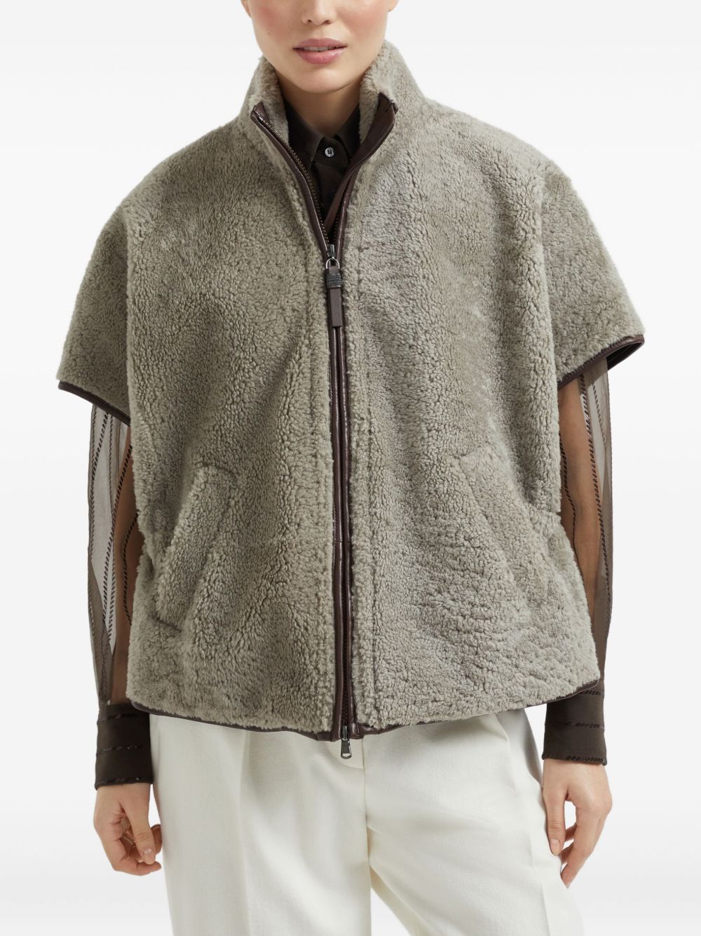 Brunello Cucinelli Brunello Cucinelli Curly Shearling Short Sleeve Outerwear with Shiny Zipper Pull