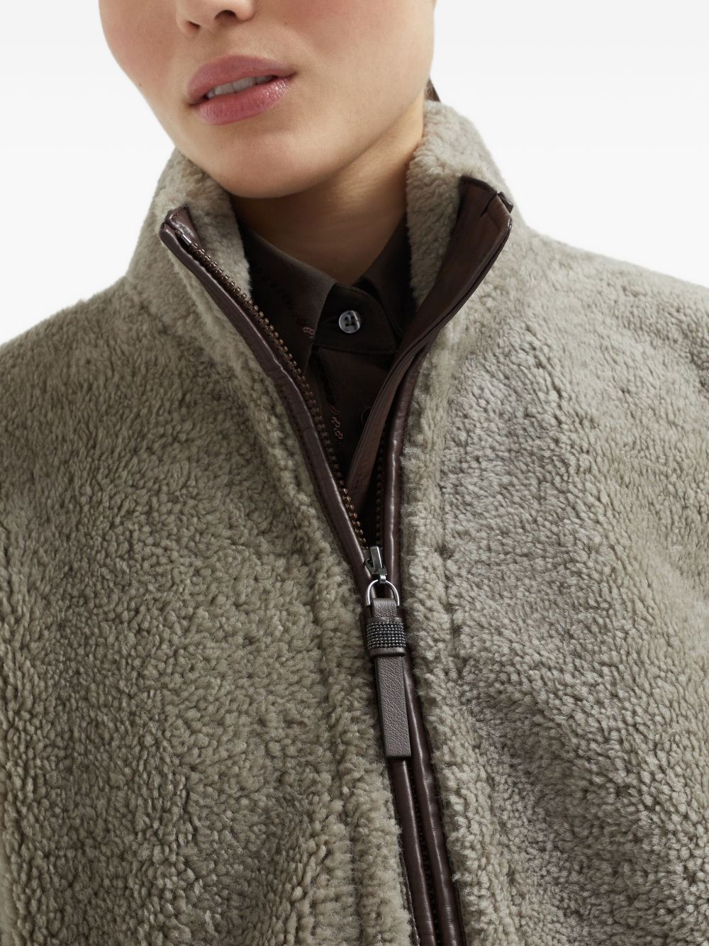Brunello Cucinelli Brunello Cucinelli Curly Shearling Short Sleeve Outerwear with Shiny Zipper Pull