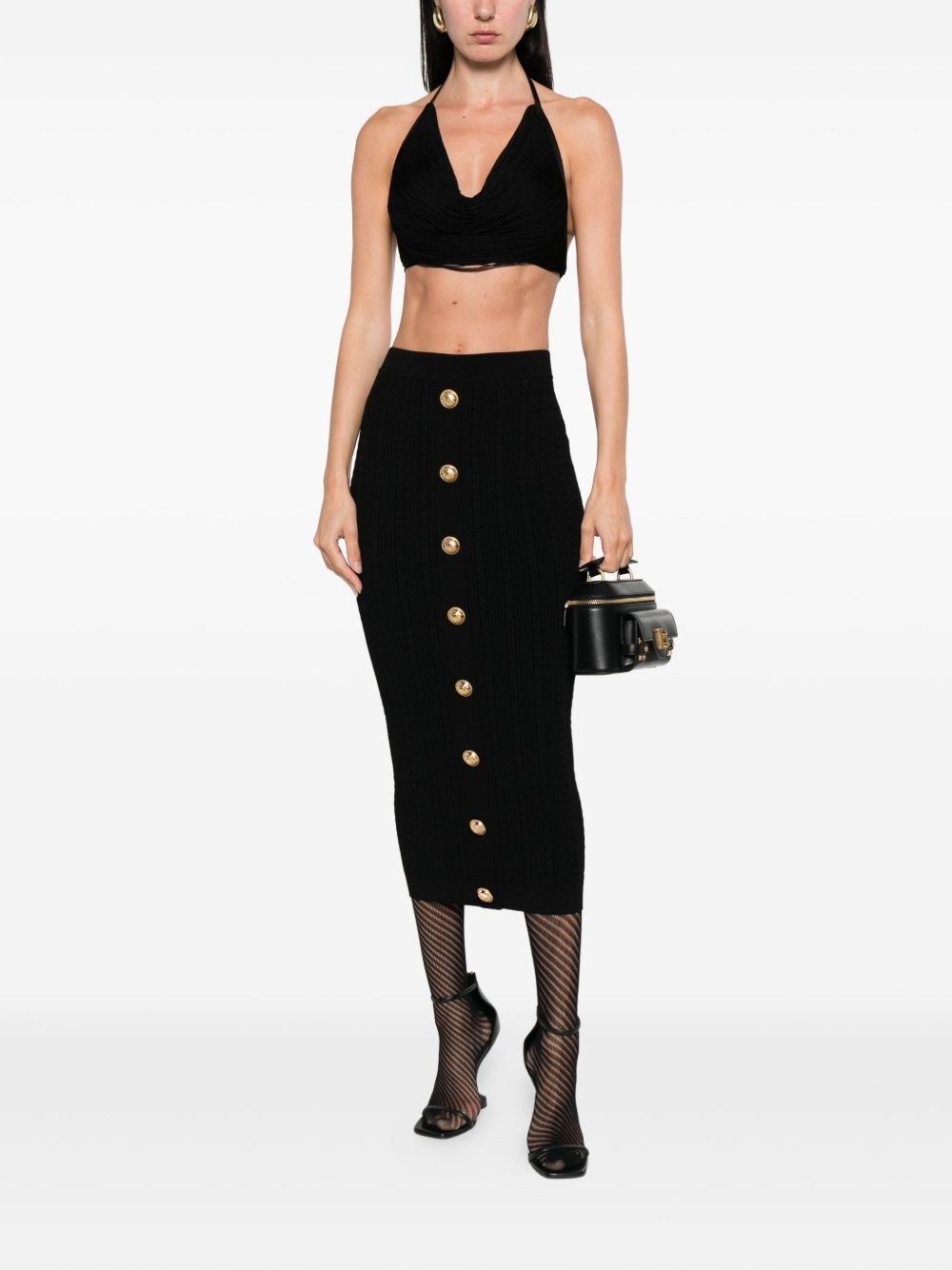 Balmain Balmain Cable-knit button-front midi fitted skirt