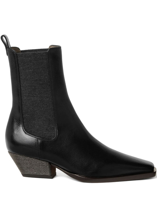Brunello Cucinelli Brunello Cucinelli Classic Leather Chelsea Boot with Precious Block Heels