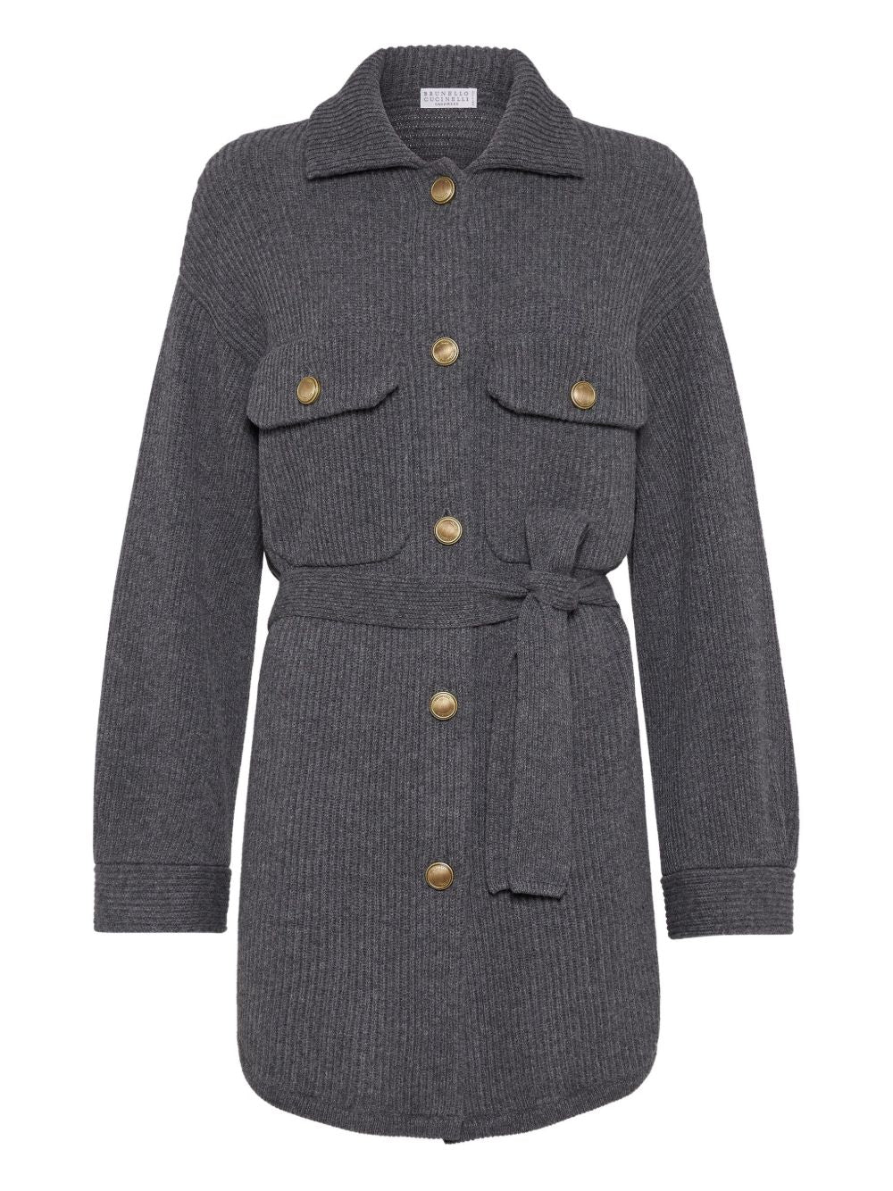 Brunello Cucinelli Brunello Cucinelli Virgin wool, cashmere and silk English rib belted cardigan with metal buttons