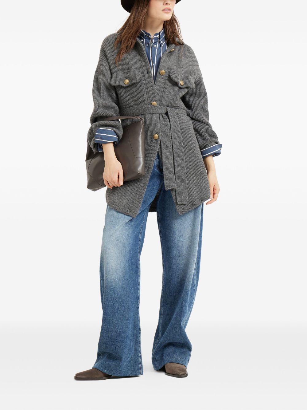 Brunello Cucinelli Brunello Cucinelli Virgin wool, cashmere and silk English rib belted cardigan with metal buttons