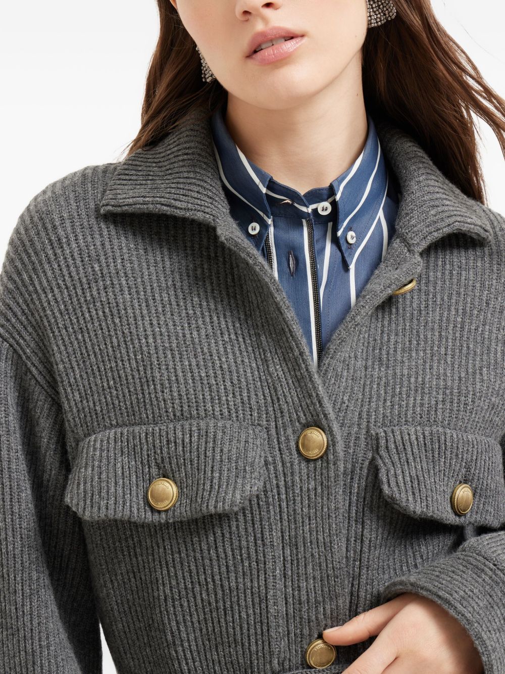 Brunello Cucinelli Brunello Cucinelli Virgin wool, cashmere and silk English rib belted cardigan with metal buttons