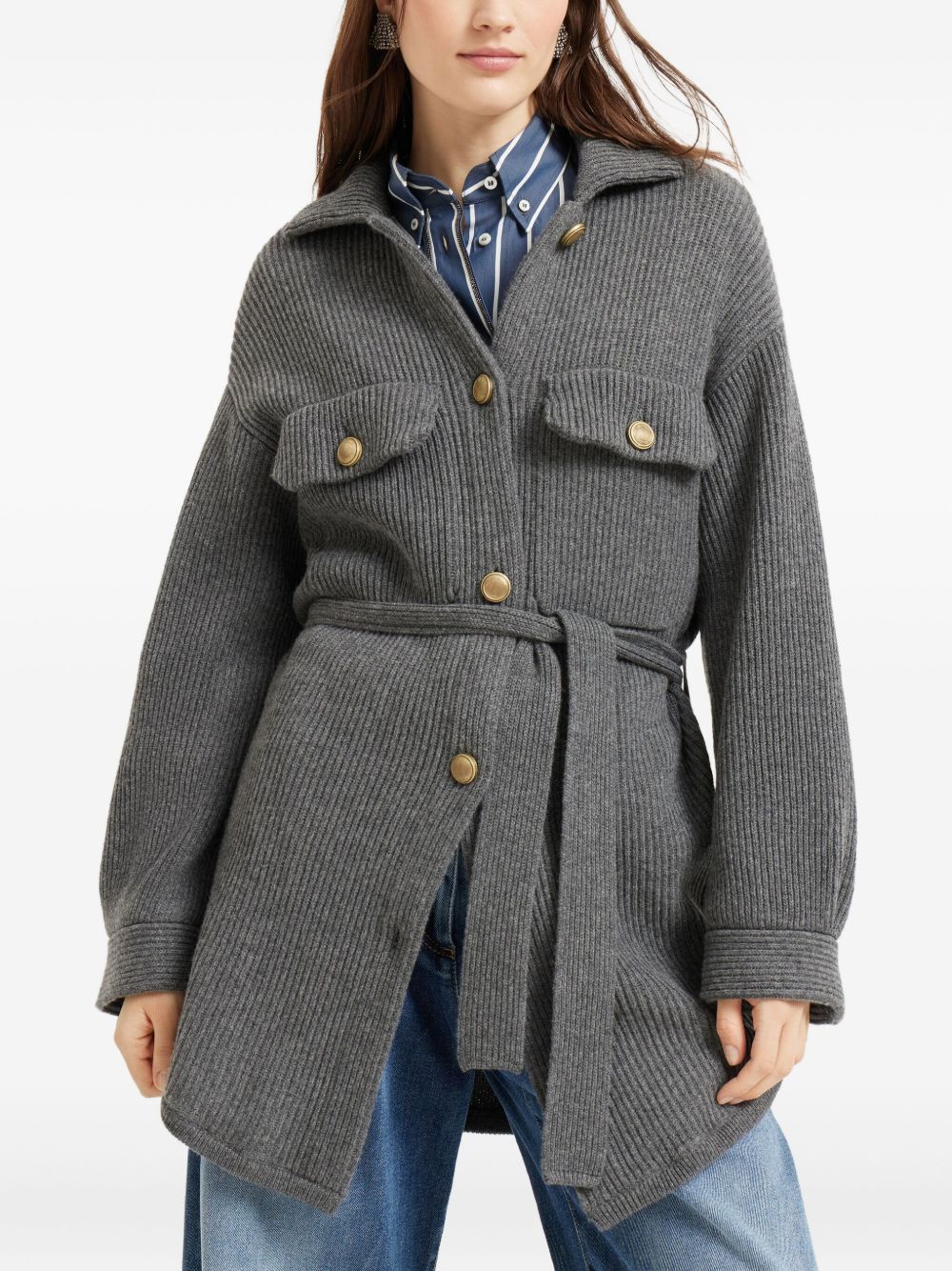 Brunello Cucinelli Brunello Cucinelli Virgin wool, cashmere and silk English rib belted cardigan with metal buttons