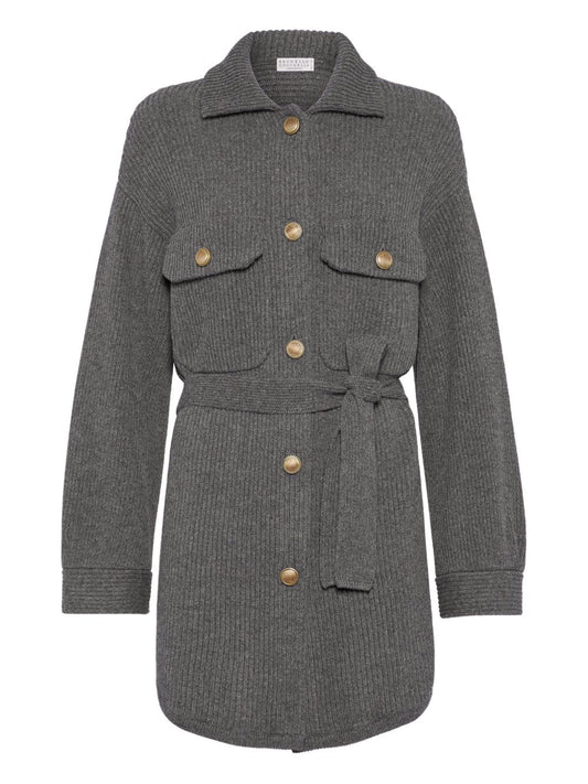 Brunello Cucinelli Brunello Cucinelli Virgin wool, cashmere and silk English rib belted cardigan with metal buttons