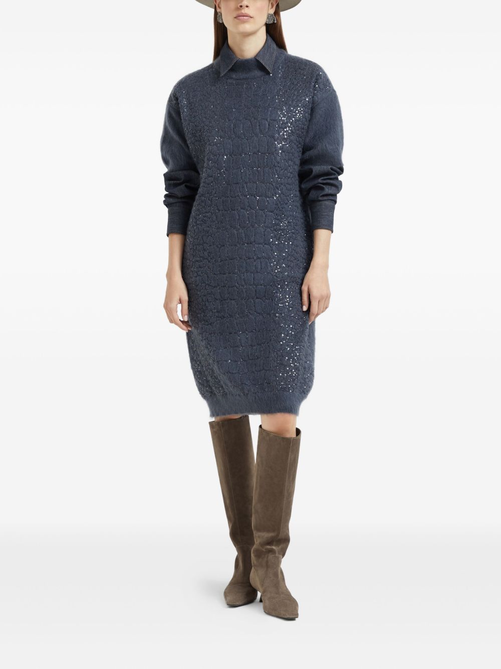 Brunello Cucinelli Brunello Cucinelli Mohair, virgin wool and cashmere knit dress with dazzling croc motif