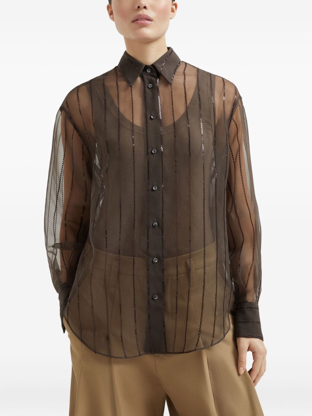 Brunello Cucinelli Brunello Cucinelli Crispy silk shirt with dazzling chalk stripe embroidery