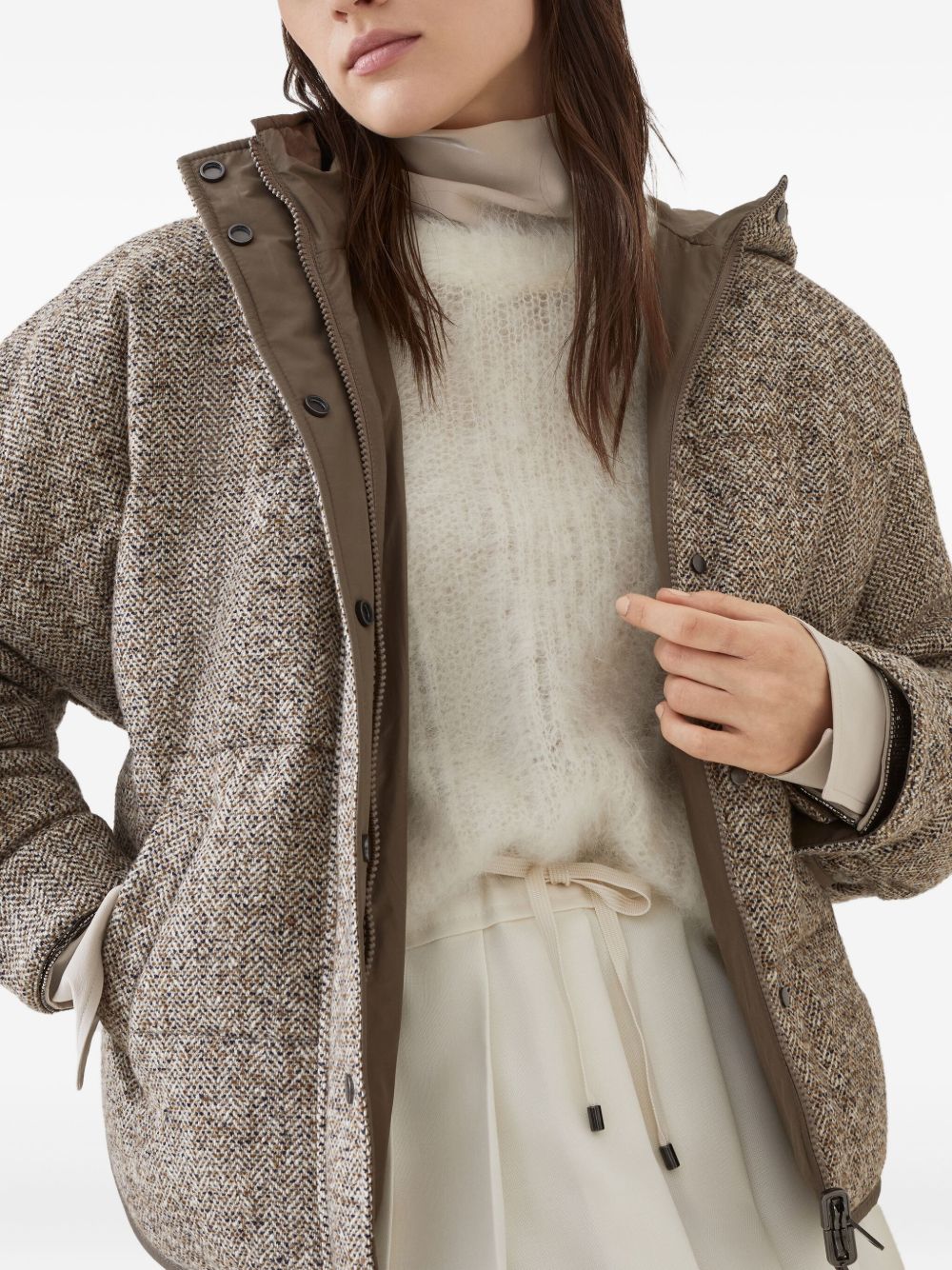 Brunello Cucinelli Brunello Cucinelli Buttoned chevron down jacket in virgin wool and silk with hood