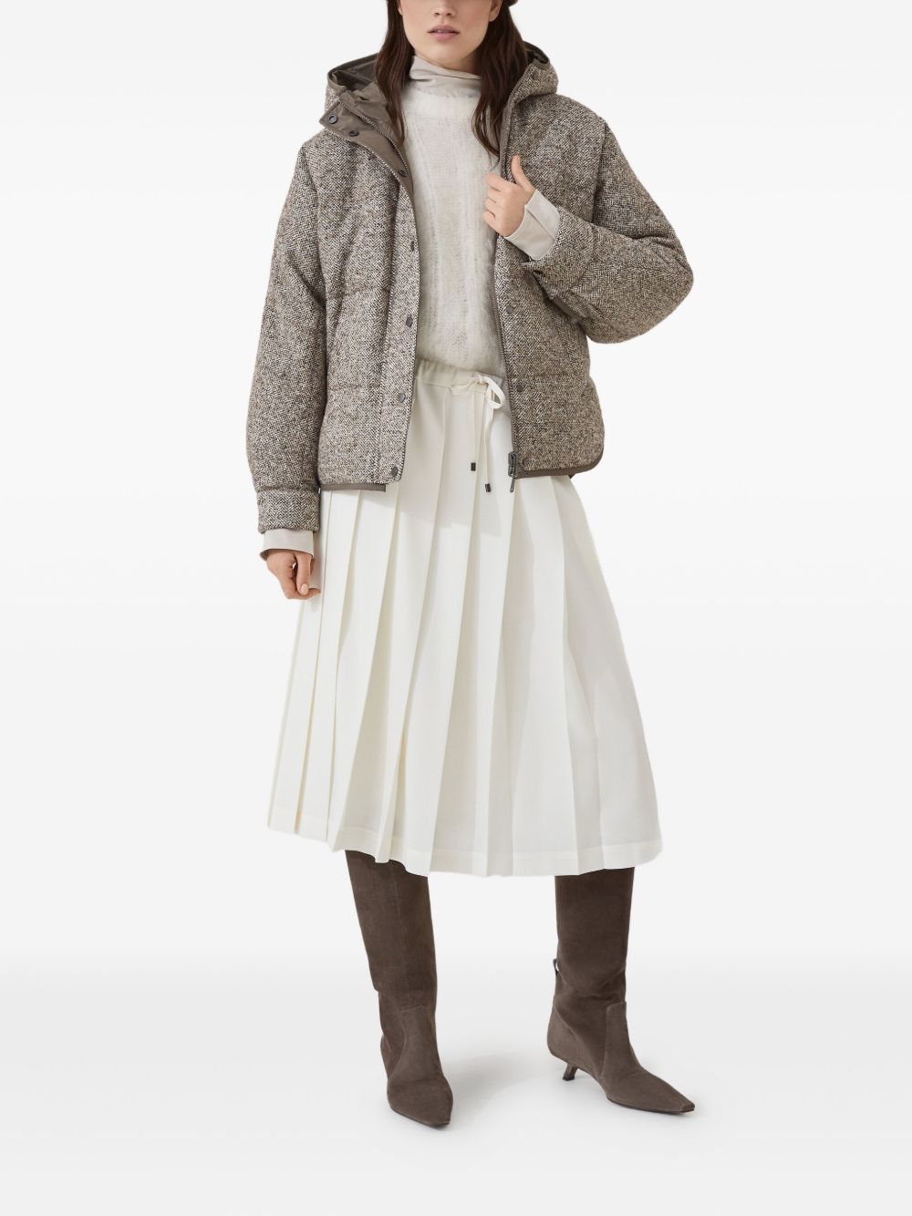 Brunello Cucinelli Brunello Cucinelli Buttoned chevron down jacket in virgin wool and silk with hood