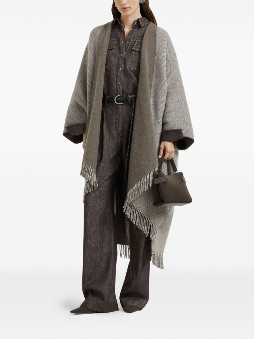 Brunello Cucinelli Brunello Cucinelli Herringbone-pattern fringed poncho