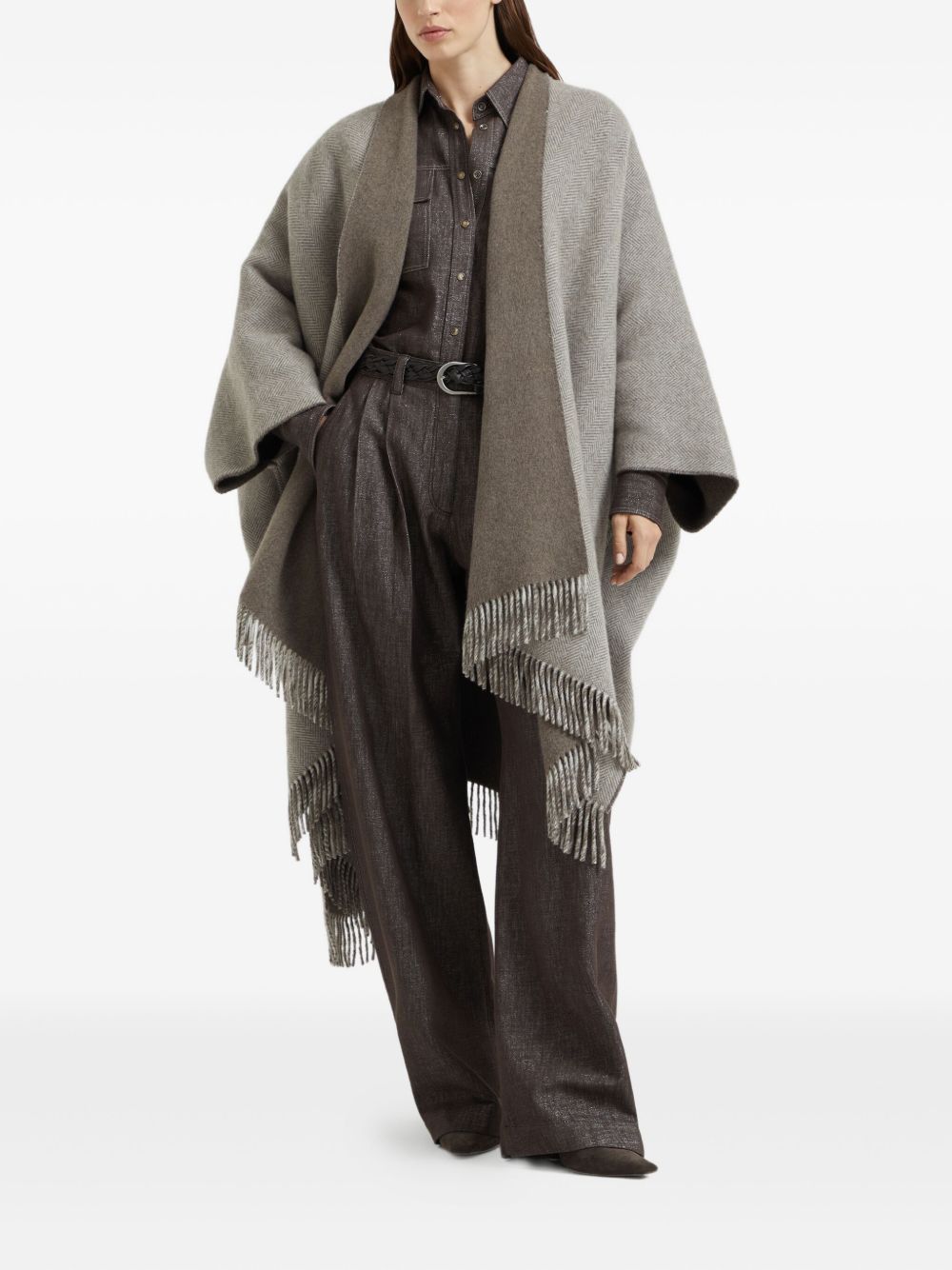 Brunello Cucinelli Brunello Cucinelli Herringbone-pattern fringed poncho
