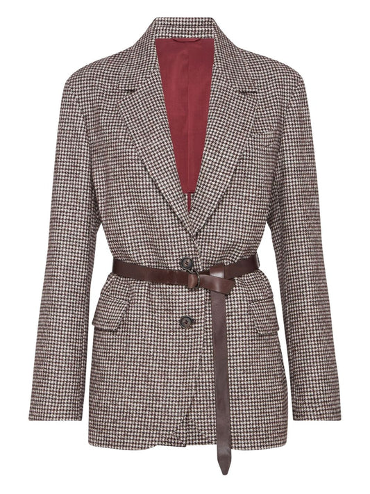 Brunello Cucinelli Brunello Cucinelli Wool and alpaca houndstooth jacket with leather and monili belt