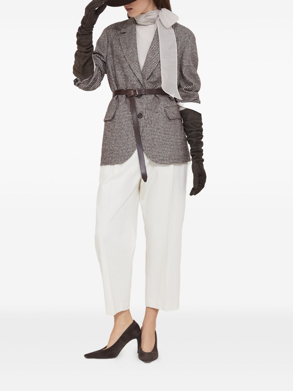 Brunello Cucinelli Brunello Cucinelli Wool and alpaca houndstooth jacket with leather and monili belt