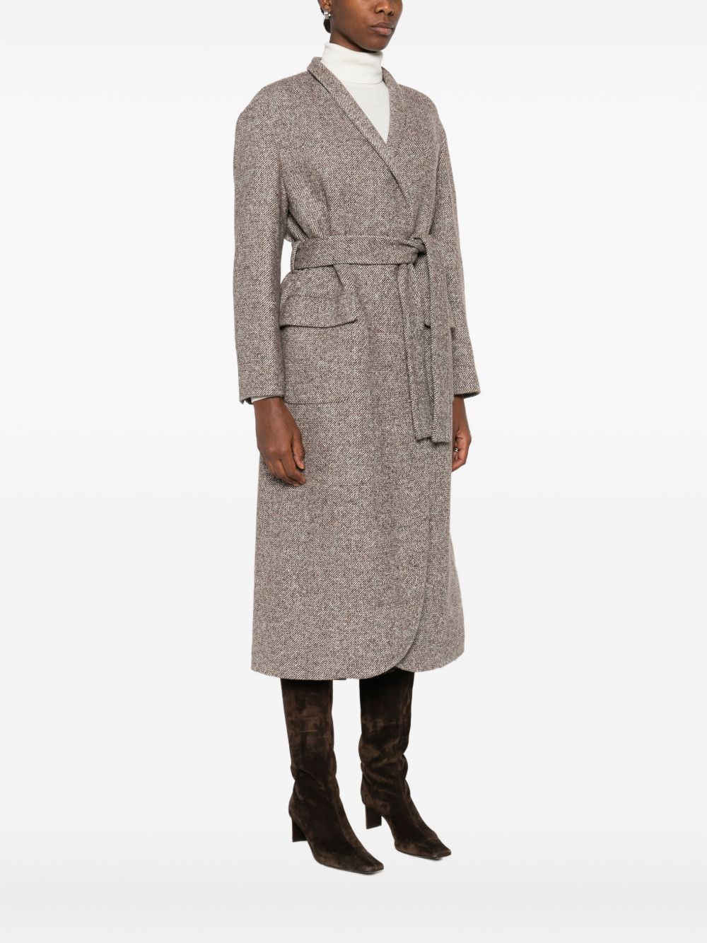 Brunello Cucinelli Brunello Cucinelli Coat in diagonal melange virgin wool and silk with belt and monili