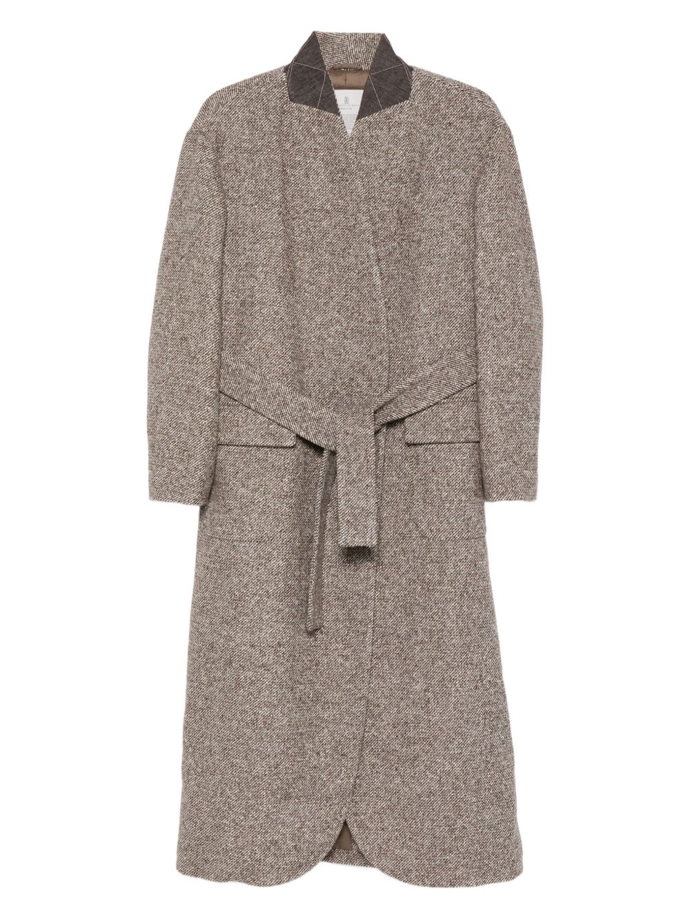 Brunello Cucinelli Brunello Cucinelli Coat in diagonal melange virgin wool and silk with belt and monili