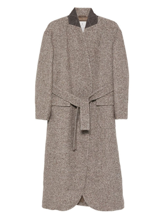 Brunello Cucinelli Brunello Cucinelli Coat in diagonal melange virgin wool and silk with belt and monili