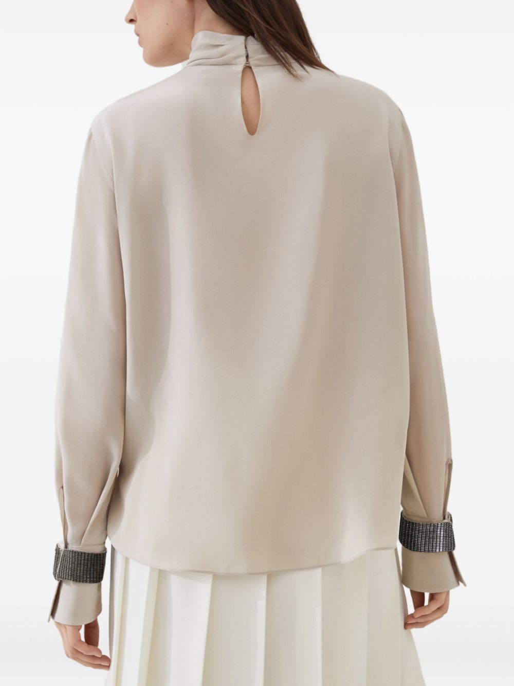 Brunello Cucinelli Brunello Cucinelli High-neck T-shirt in silk crêpe de Chine with Precious Bracelets