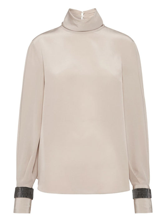 Brunello Cucinelli Brunello Cucinelli High-neck T-shirt in silk crêpe de Chine with Precious Bracelets