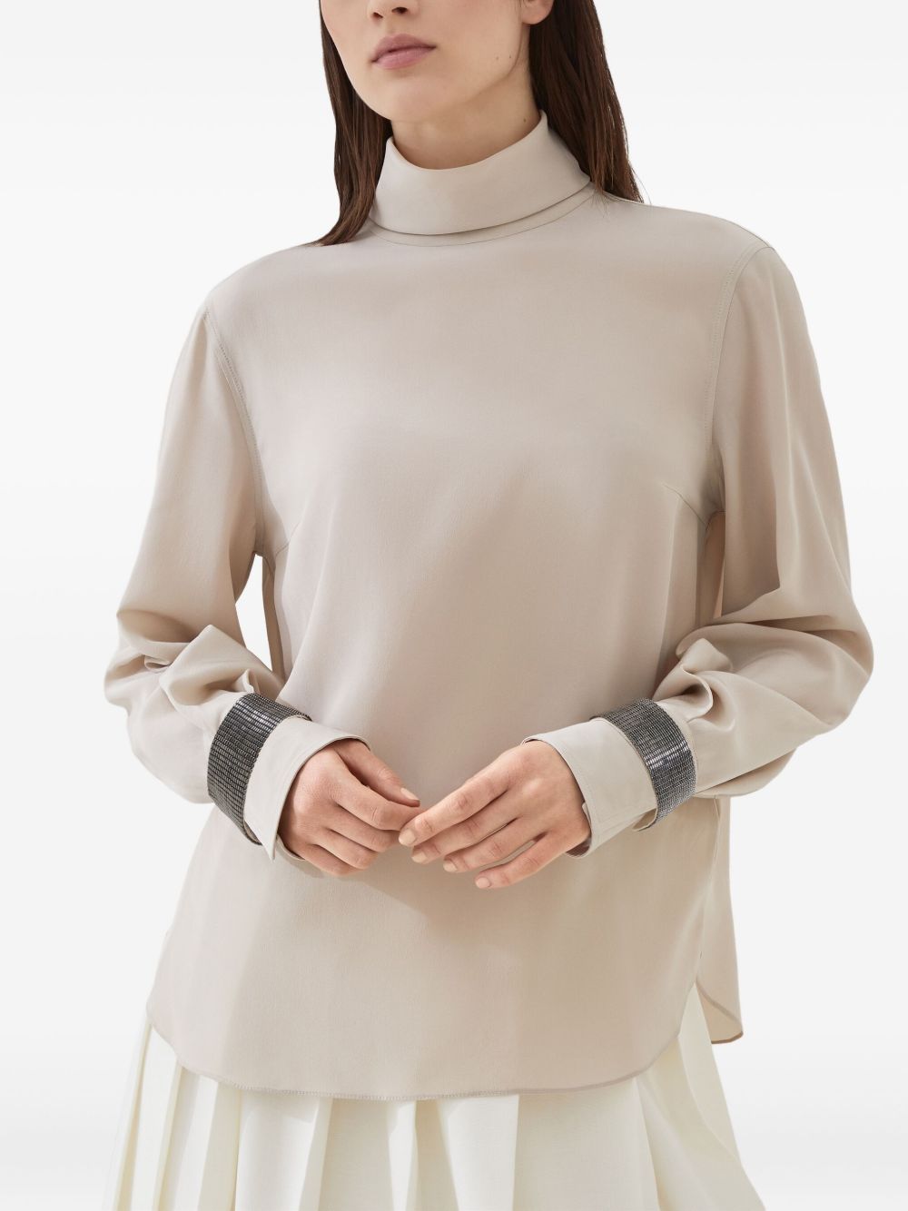 Brunello Cucinelli Brunello Cucinelli High-neck T-shirt in silk crêpe de Chine with Precious Bracelets
