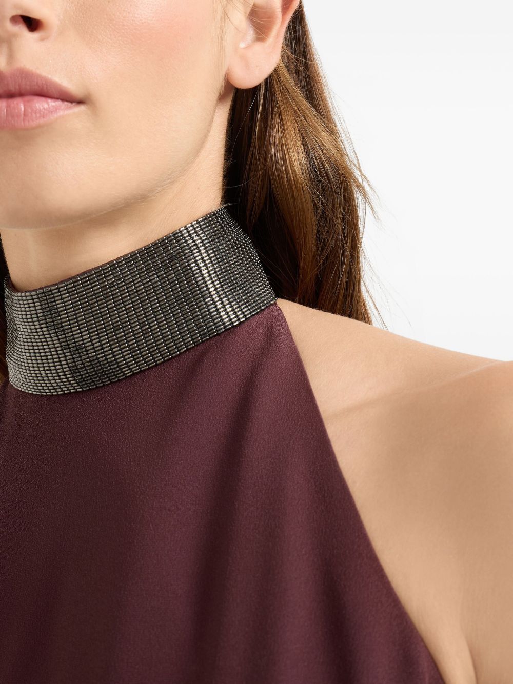 Brunello Cucinelli Brunello Cucinelli Halterneck dress in silk crêpe cady and acetate with Precious Beaded Collar