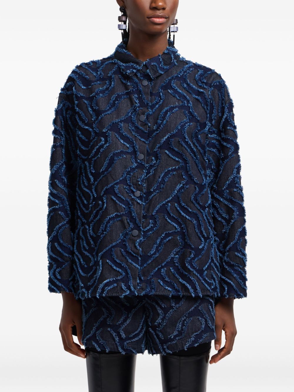 Emporio Armani Emporio Armani Fringed embossed-motif jacquard denim shirt jacket