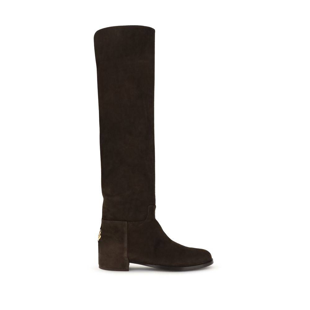 Dolce & Gabbana Suede High Boots in ebony-brown with a knee-high shaft and round toe, featuring a sleek silhouette and block heel.